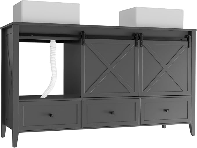 VNN Bathroom Vanity with Sink - 60 Inch Bathroom Vanity Double Sink Ceramic, Freestanding Cabinet with 2 Farmhouse Sliding Barn Doors and 5 Drawers, Space-Saving Storage Cabinet, Grey