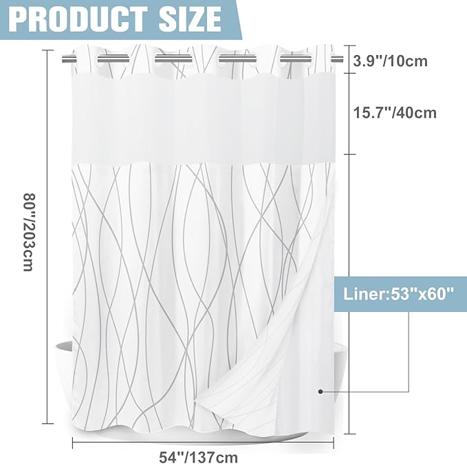 Gray White No Hook Shower Curtain with Liner, 54 x 80 Inch | Stripe Pattern,Waterproof,Quick Dry,Mesh Top Window,Bottom Magnets,Hotel Style,Machine Washable,Modern,for Bathroom