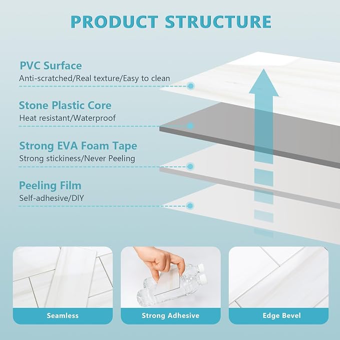 Vamos Tile 100-Piece Glossy Dolomite White Peel and Stick Backsplash Tile,3''x6'' PVC Subway Tile with White Grout, Stick on Backsplash for Kitchen/Bathroom/Fireplace