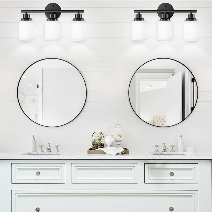 3-Light Bathroom Light Fixtures, Black Vanity Lights for Mirror with Textured Milky White Glass Shade, E26 Base Modern Kitchen Light Fixtures Wall Sconce Light