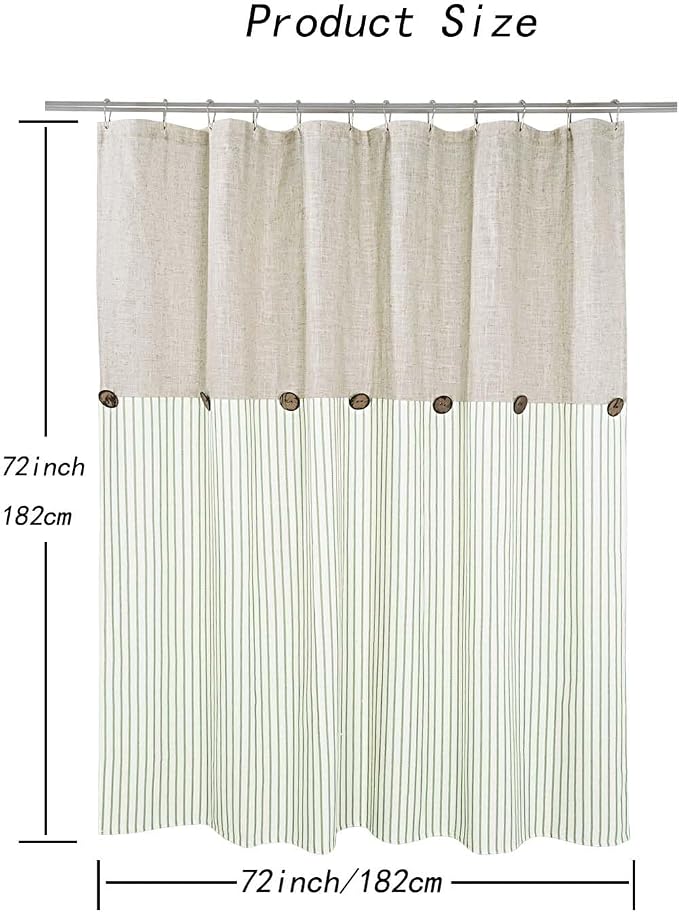 DOSLY IDÉES Farmhouse Shower Curtain, Beige and Green Stripe, Button Curtain, Linen and Cotton Blend Fabric, Rustic Charm Country Chic Style, 72x72 in