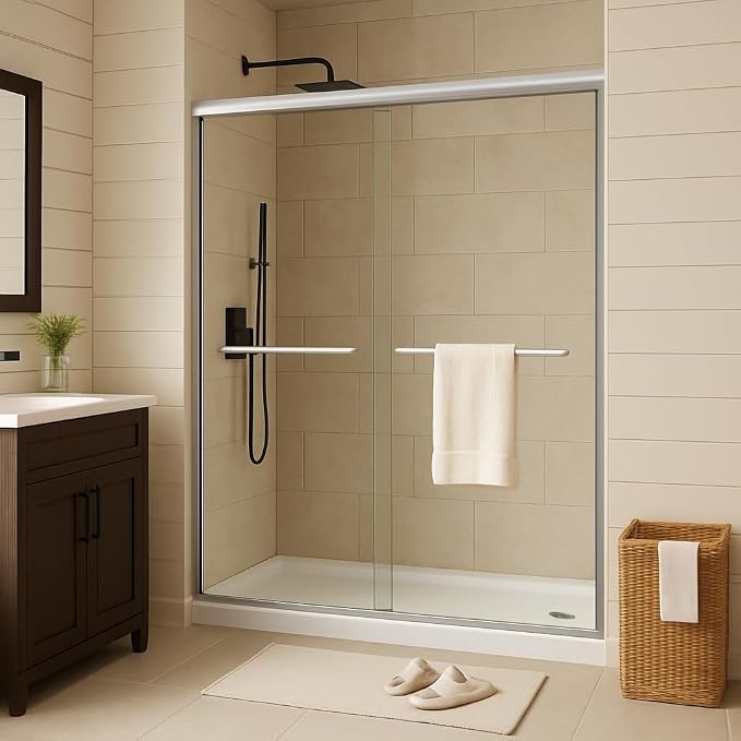 50-60" W x 72" H Aluminum Alloy Sliding Shower Door, Dual 5/16" (8mm) Tempered Glass with Easy-Clean Coating, Brushed Nickel Frameless Bypass Door for Bathroom Remodel