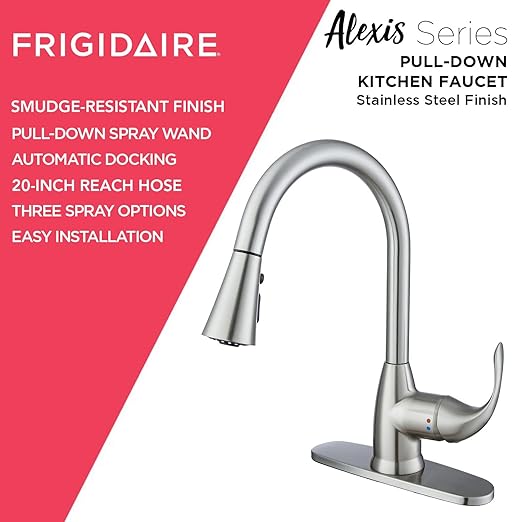 Frigidaire Alexis Single Handle Pull Down Kitchen Faucet, Brushed Nickel