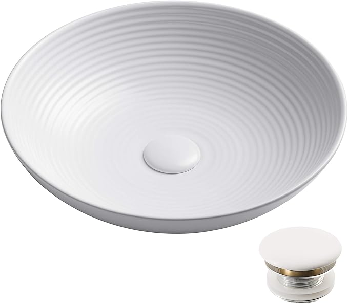 KRAUS Viva™ Round White Porcelain Ceramic Vessel Bathroom Sink with Pop-Up Drain, 16 1/2 in. D x 4 3/8 in. H, KCV-203GWH