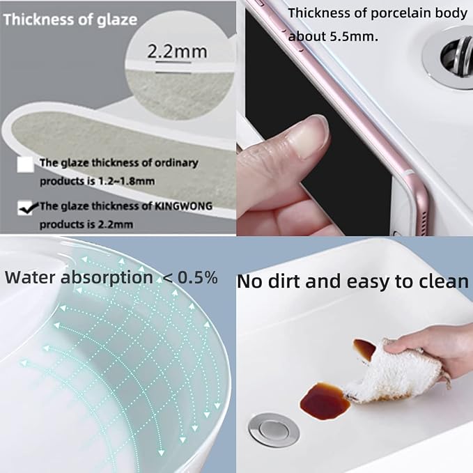 KINGWONG 24 Inch Rectangular Vessel Sink White Ceramic Above Counter Basin | Porcelain resists thermal shock & stains. Ultra-smooth glaze cleans in a wipe. Its 4.3" depth cuts water use and splash