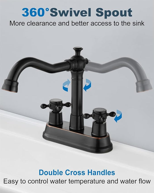 4 Inch Centerset Bathroom Sink Faucet 2 Handle Oil Rubbed Bronze | Swivel Spout,Pop Up Drain,cUPC Hose,for 2 or 3 Hole Sink,Lavatory,Vintage,Farmhouse,RV,SUS304 Mixer Tap,Metal Cross Handle