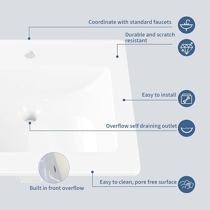 Bathroom Vessel Sink Semi-Recessed Square Ceramic Basin 21.26×17.72×6.65 inch, Single Faucet Hole Countertop Sink for Modern Bathroom Vanity, Guest Washroom and Apartment Renovation