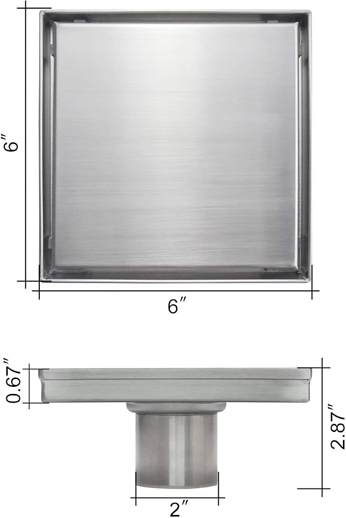Square Shower Drain,Shower Drain 6" with 2 in 1 Tile-Insert Cover | Brushed AISI 304 Stainless Steel Shower Floor Drain with Hair Catcher Fits Bathroom Balcony Kitchen Easy to install