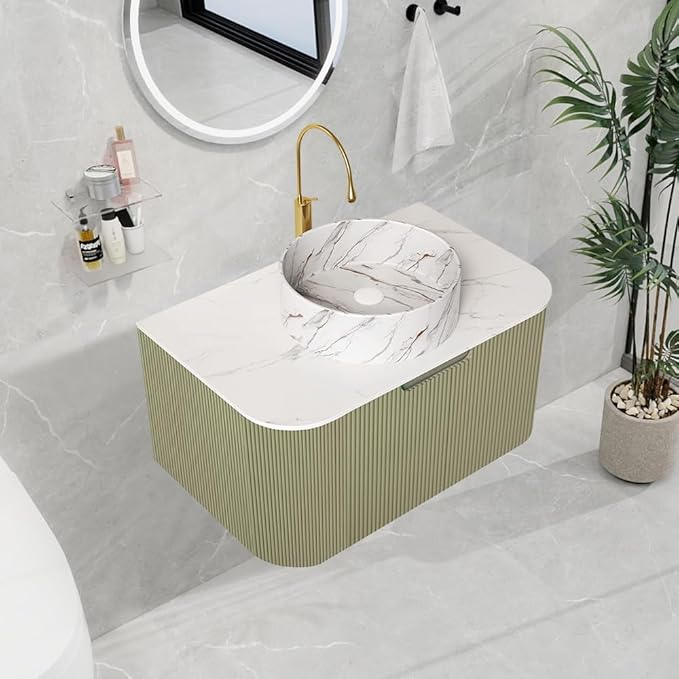 LKTART 30 Inch Floating Bathroom Vanity with Sink, Modern Wall Mounted Bathroom Storage Cabinet with Drawer, Stone Pattern Round White Ceramic Sink Top and Marble Texture Top, Green