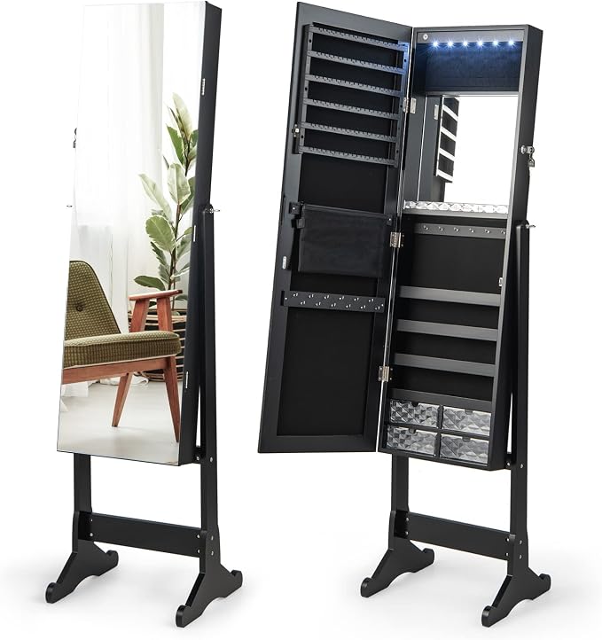 CHARMAID Jewelry Armoire Cabinet with Full Length Mirror, 6 LEDs Standing Lockable Jewelry Organizer with Vanity Makeup Mirror, 4 Storage Drawers, 4 Shelves, Lipstick Tray, 4 Angles (Black)