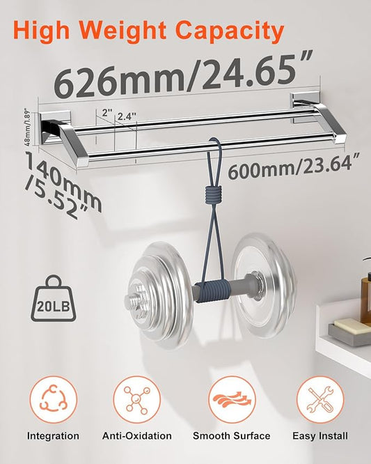 Alise Double Towel Bar,24" Double Towel Racks for Bathroom,Polished Chrome | Quick Drying Bathroom Towel Holder, SUS304 Stainless Steel Towel Hanger Wall Mounted, Useable Length 22.7"