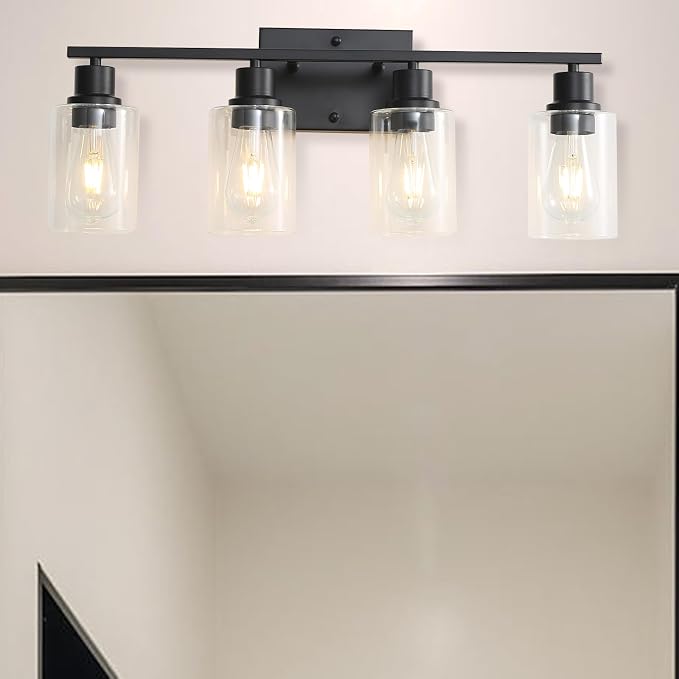 4-Lights Black Gallery Wall Sconces,Brushed Black Bathroom Vanity Light Fixtures with Clear Glass Shades, Farmhouse Modern Wall Lighting for Mirror,Living Room,Bedroom, E26 Base
