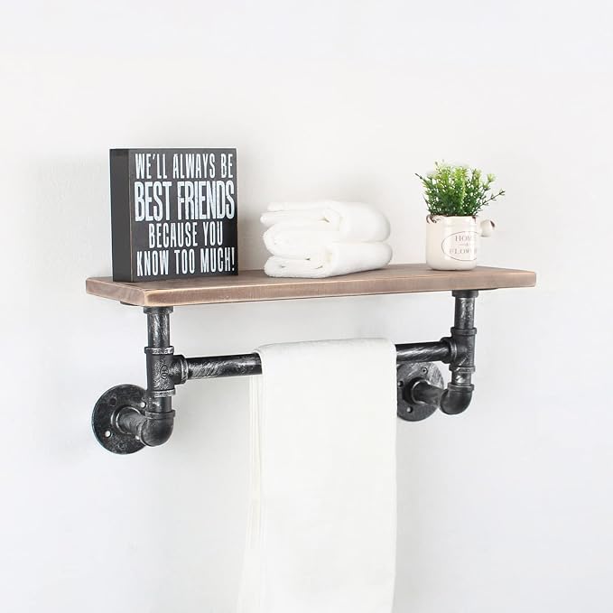 Industrial Pipe Shelf Bathroom Shelves Wall Mounted,19.6in Rustic Wood Shelf with Towel Bar,1 Tier Farmhouse Towel Rack Over Toilet,Pipe Shelving Floating Shelves Towel Holder,Retro Grey