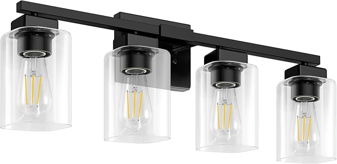 27” Bathroom Light Fixtures Over Mirror,4-Light Black Vanity Light | Square Clear Glass & Durable Metal, Quick & Easy Installation, Standard E26 Socket, Bright Bathroom Lighting