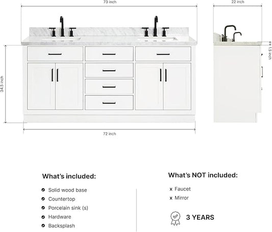 ARIEL Hepburn 72-inch Bathroom Vanity with Sink,Solid Wood, 1.5-inch Italian Carrara Marble Countertop, Double Rectangular Porcelain Sink, 4 Soft Closing Doors, 6 Dovetail Drawers, White