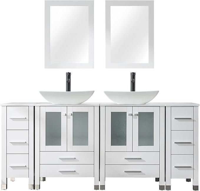 LUCKWIND 72" Double 24-in Bathroom Vanity with Sink Combo, Elegant Series with Two 12.6-in Side Cabinets, Painted Frame, Including Curved Rectangle Sinks, Faucets Without Mirrors, White