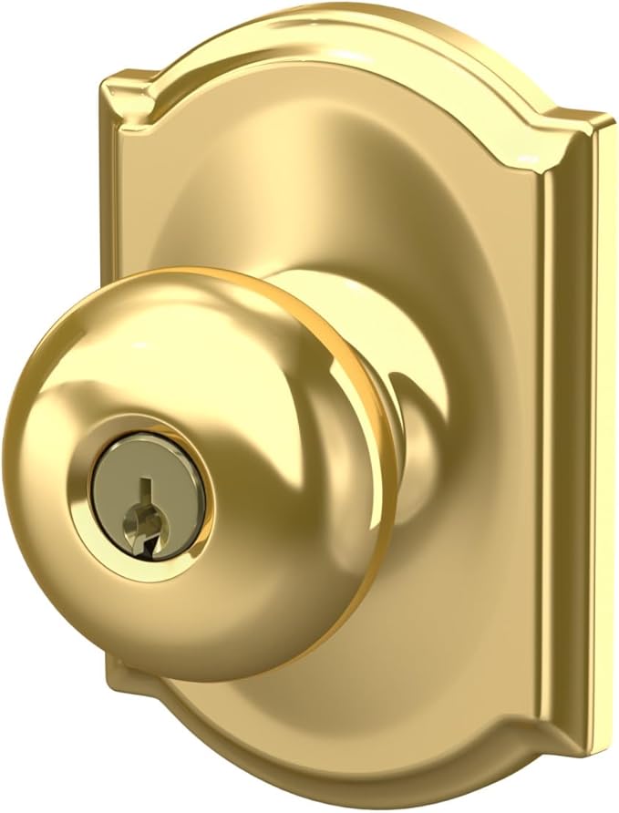Schlage F51A PLY 605 CAM Plymouth Knob with Camelot Trim Keyed Entry Lock, Bright Brass