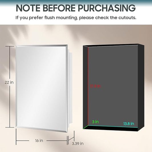 16x22 Plastic Medicine Cabinet with Mirror, Recessed or Surface Mount | 2 adjustable shelves, beveled mirror, soft-close reversible door, 95% assembled; cutout 13.8"W x 17.9"H x 3"D