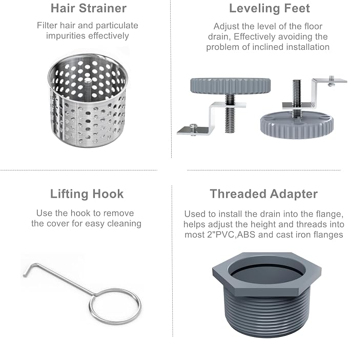 32 Inch Linear Shower Drain with Tile Insert Grate, Brushed | 304 Stainless Steel, Rectangle Tile Floor Drain for Bathroom, with Hair Strainer, Adjustable Feet, cUPC Certified