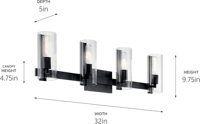 Kichler Jemsa 4 Light Vanity, Modern Light with Clear Fluted Glass in Black for Bathroom or Powder Room (9.75" x 32"), 55169BK