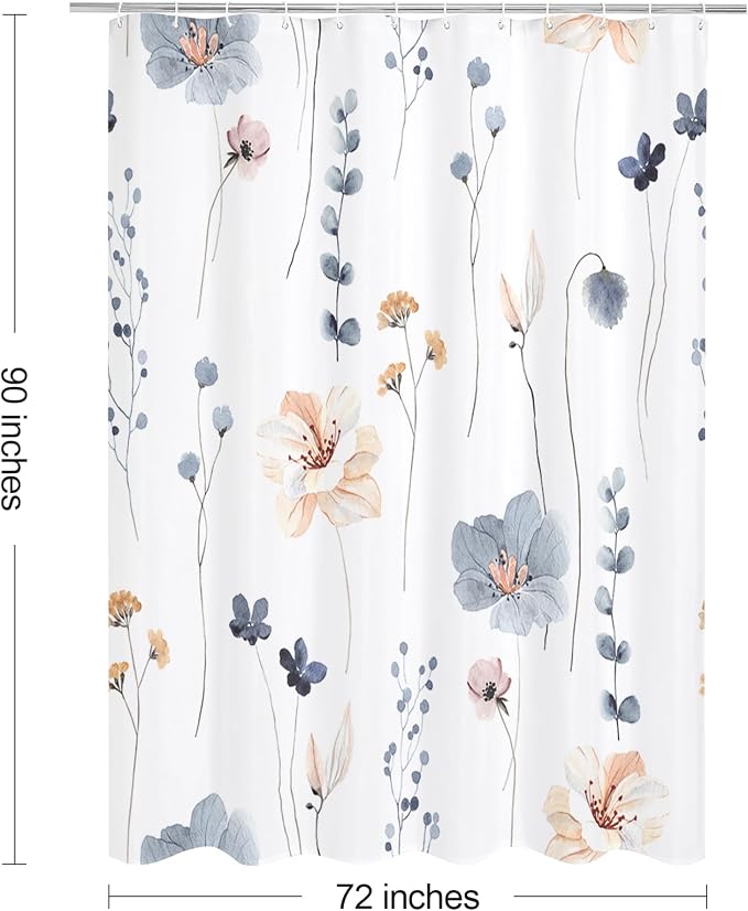 Blue Beige Watercolor Floral Fabric Shower Curtain, 72x90 | Waterproof Fabric, Modern Minimalist Floral Print, Machine Washable, Rustproof Grommets, for Bathroom Home, Extra Long