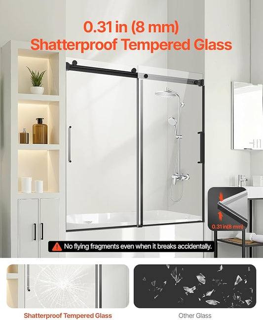 VEVOR Frameless Sliding Bathtub Door, 56-60" W x 60" H, Frameless Shower Glass Door, Frameless Double Sliding Tub Door with 5/16 in Clear Tempered Glass and Stainless Steel Handle, Black