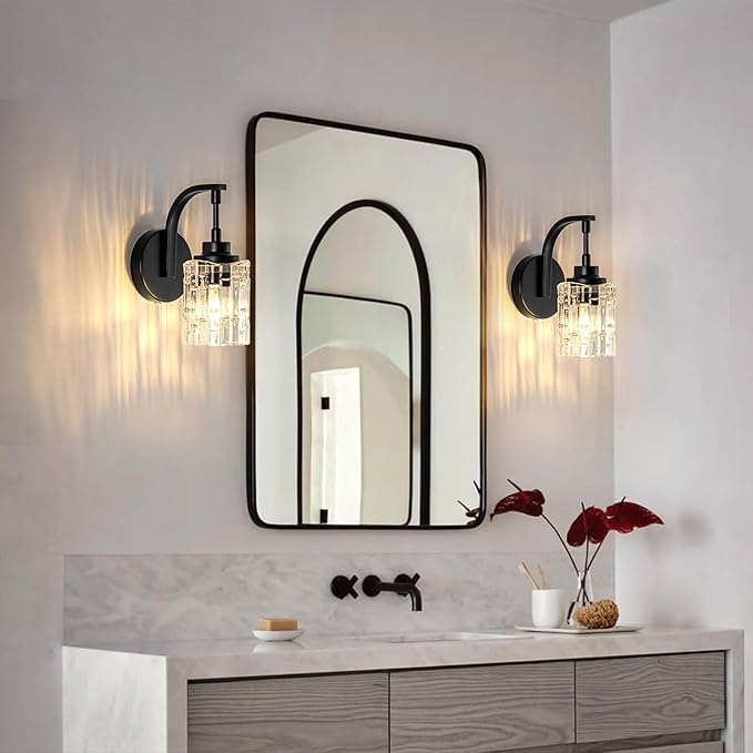 Matte Black Wall Sconce, 1-Light Bathroom Vanity Light Fixture | Clear Glass Shade, E26 Base, Easy to Install, Modern Wall Light for Mirror Living Room Hallway Bedroom