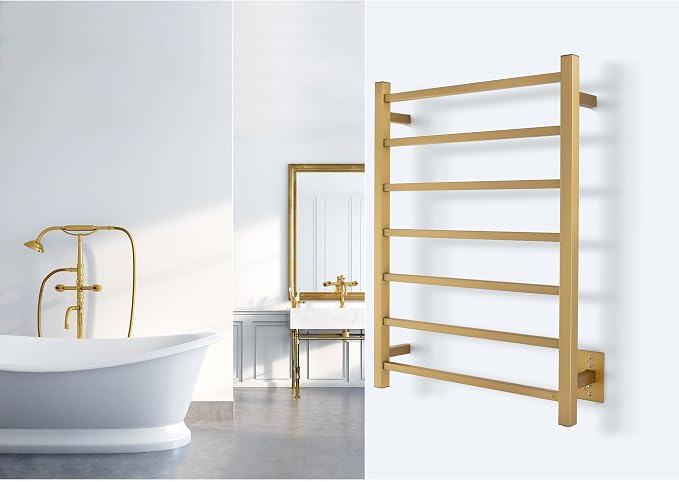 WarmlyYours Tahoe Heated Towel Rack, 7 Bars, Brushed Gold | Hardwired 120V heated towel rack for spa-like bathroom comfort, 427 BTU/hr, energy-efficient towel drying