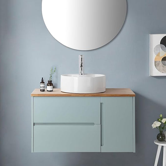 36 inch Bathroom Vanity with Sink and Solid Wood Countertop, Wall Mounted Bathroom Vanity Cabinet with 2 Drawers & 1 Door, Modern Floating Bathoom Vanity Set Include Round Ceramic Basin Sink & Mirror