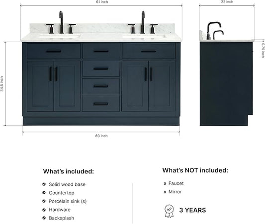 ARIEL Hepburn 60-inch Bathroom Vanity with Sink,Solid Wood, 0.75-inch Italian Carrara Marble Countertop, Double Rectangular Porcelain Sink, 4 Soft Closing Doors, 6 Dovetail Drawers, Midnight Blue