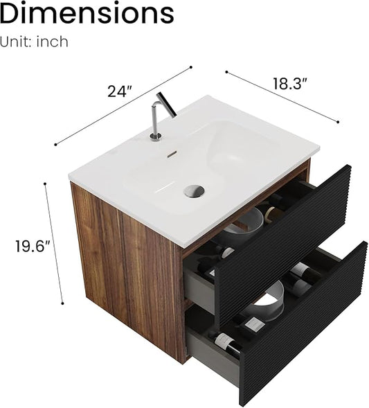 24'' Floating Bathroom Vanity with Sink Combo, Modern Bathroom Cabinet with 2-Soft Close & Large Storage Drawers, for Small Space, Apartment, Hotel, Black and Walnut
