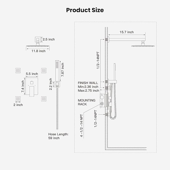 gotonovo Rainfall Shower System with Full Body Jets 4pcs Polished Chrome | 12’’ Rainfall Shower Head with Handheld Spray Combo,Wall Mount,Rough-in Valve and Trim Kit,Brass Body Message Jets,All Metal