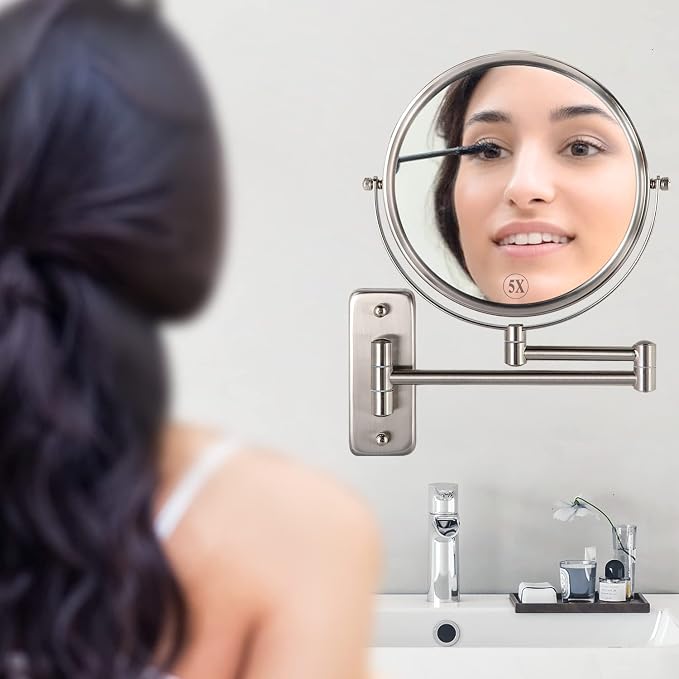 Wall Mounted Makeup Mirror, 1X/5X Magnifying Mirror Double Sided, 8 Inch Extendable Bathroom Mirror for Shaving, Nickel
