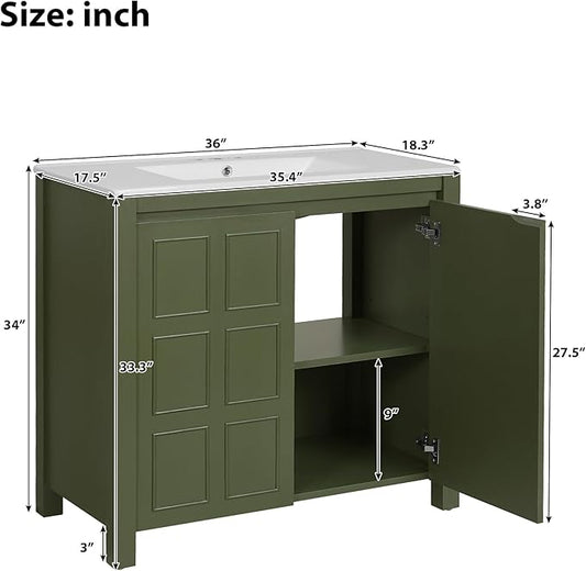 36" Bathroom Vanity,Farmhouse Vanity with Ceramic Sink, Set Bathroom Storage Cabinet, Olive Green