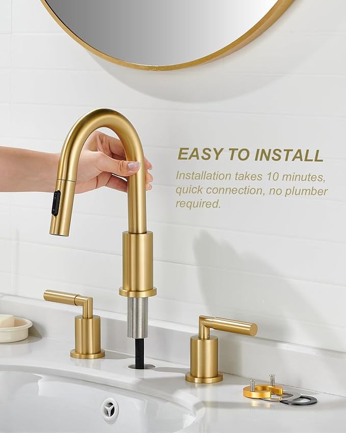 Tohlar Gold Bathroom Faucet with Sprayer, Widespread Bathroom Faucets Gold 8 Inch Basin Sink Tap 3 Holes, 2 Handle Vanity Faucet with Pull Out Sprayer Pop Up Drain Assembly Included