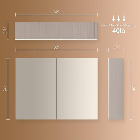 24x32 inch Bathroom Wall Cabinet, Saver Storage Cabinet, Medicine Cabinet with 2 Door and Adjustable Shelves, Grey(Assembly Required)