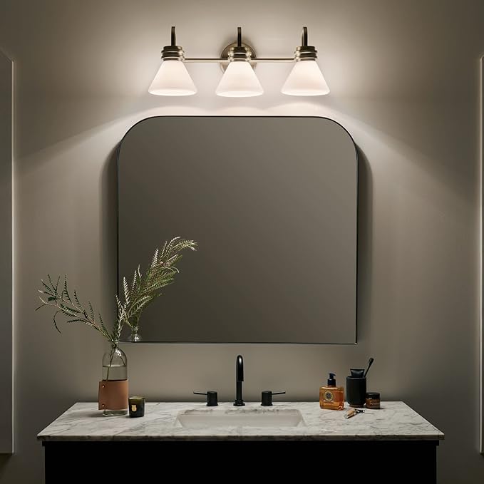 Kichler Farum 26" 3-Light Vanity Light with Opal Glass in Champagne Bronze, for Single or Double Vanity, Over a Mirror, Powder Room, Bathroom, (26" W x 9.5" H) 55155CPZ