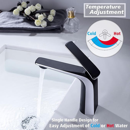 TOCALOCA Modern Bathroom Basin Faucet Matte Black and Chrome Silver 1 Hole | Brass Material, Contemporary Vanity Single Handle Faucet for Bathroom Drop-in Sink, Lavatory Mixer Tap, Quick Installation