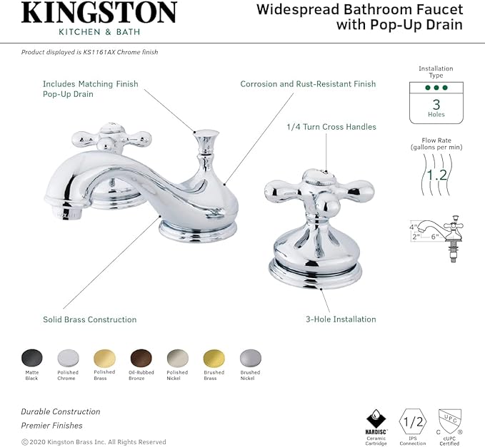 Kingston Brass KS1161AX Heritage Widespread Lavatory Faucet with Metal Cross Handle, Polished Chrome,8-Inch Adjustable Center