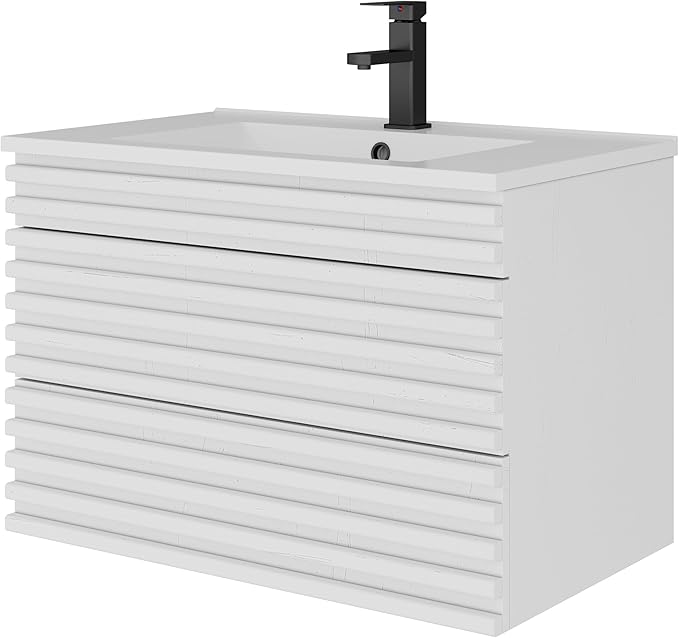 LUCKWIND 30" Floating Bathroom Vanity with Sink, Mid-Century Wall Mounted Big Drawer Cabinet with Large Sink, Water Saving Faucet and Wood Stripes Style, White