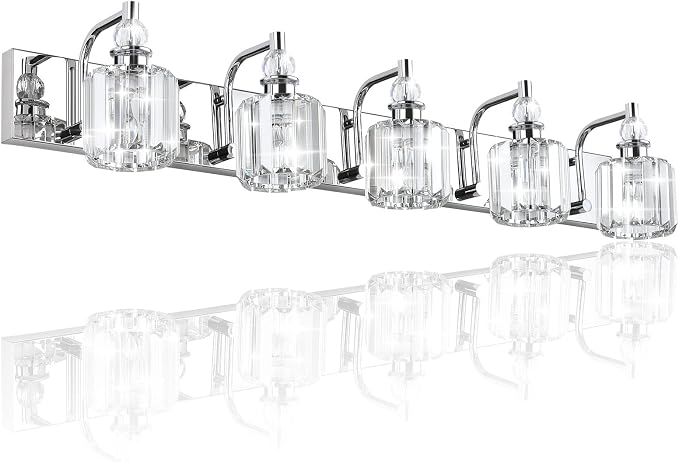 Ralbay Modern Crystal Vanity Lights 5 Light 40" Modern Crystal Bathroom Lights Fixtures Over Mirror Stainless Steel Chrome Vanity Light for Bathroom Wall Lights Fixtures