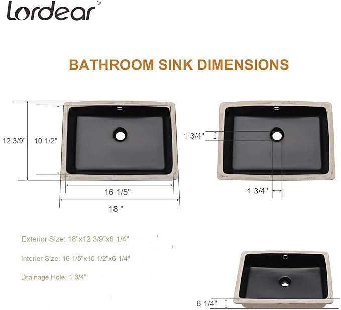 Lordear 18x12 Inch Black Undermount Bathroom Sinks Vanity Rectangle Porcelain Ceramic Sinks Under Counter Lavatory Sink Basin with Overflow