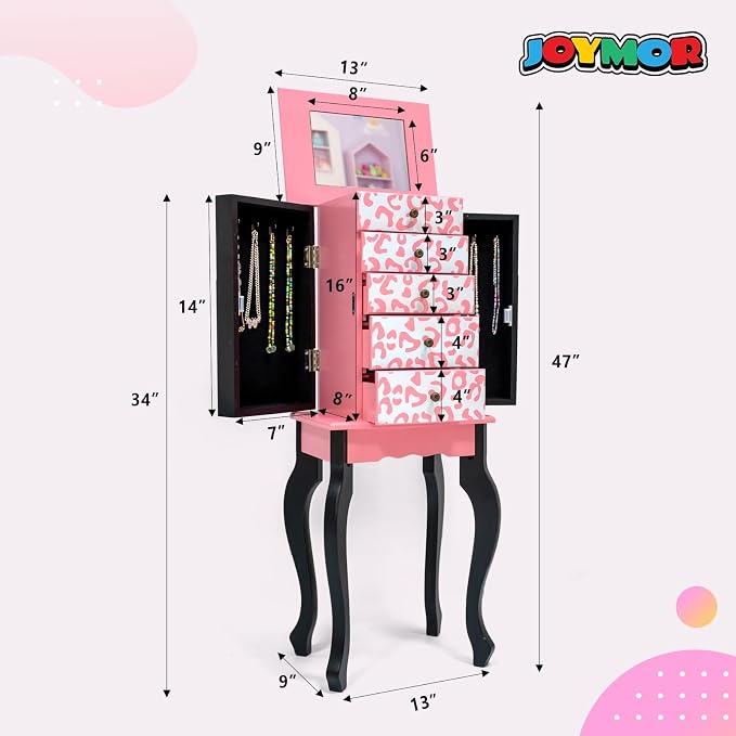 JOYMOR Kids Jewelry Armoire Cabinet with Top Flip Mirror and Storage Organizer, Standing Jewelry Cabinet with 5 Drawers, Freestanding Jewelry Storage for Girls