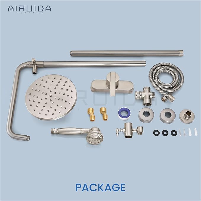 Airuida Exposed Shower System, 8 Inch Rainfall Shower Head with Handheld Spray, Single Handle Wall Mount Shower Faucet Set, Solid Brass Dual Function Exposed Pipe Fixture for Bathroom,Brushed Nickel