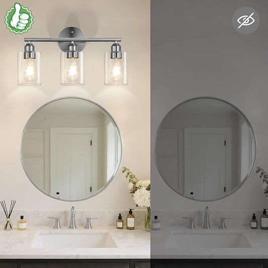 3-Light Bathroom Vanity Light Fixture, Modern Wall Lamp for Mirror with Clear Glass Shade, Silver Finish