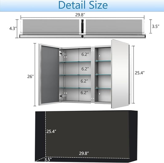 Medicine Cabinet with 26x30 inch Mirror, Mirror Cabinet with Assembly Needed, Aluminum Surface Mount or Recessed Wall Cabinet, Adjustable Glass Shelves, Suitable for Bathroom Bedroom