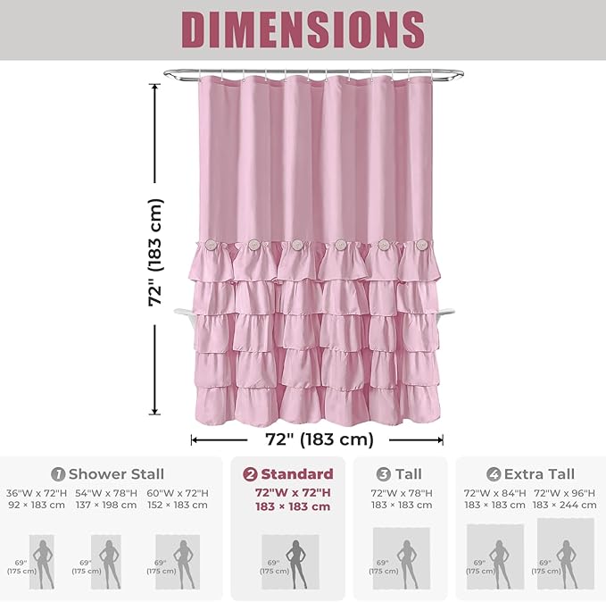 Seasonwood Pink Ruffle Shower Curtain Farmhouse Shower Curtain 72 X 72 | Natural button accents, layered fabric tiers, shabby chic and French country styling for decorative bathroom updates