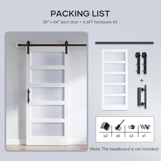 38x84 Inch Glass Sliding Barn Door Slab and 6.6ft Hardware Kit Included, 5 Frosted Glass, LVL Wood Panel Covered with White Water-Proof Scratch-Proof PVC Surface, Simple DIY Assembly