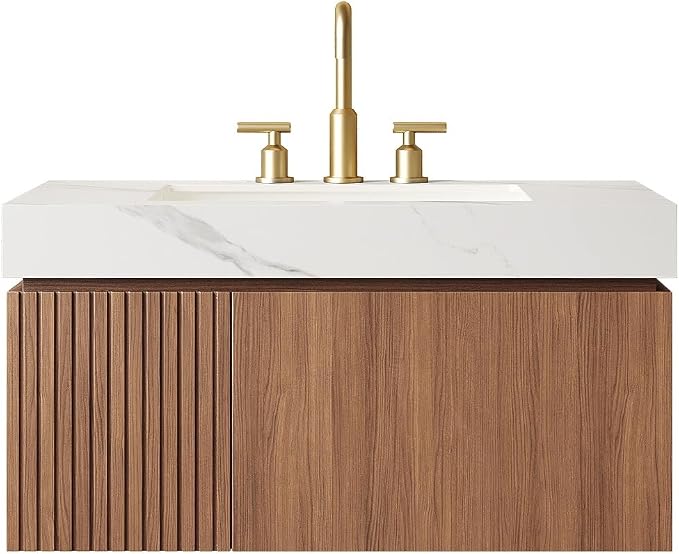 KEIKI 36 Inch Floating Bathroom Vanity with Sink, Brown Oak & White | Modern Wall Mounted Storage Cabinet w/ Drawer & Door, Pre-assembled Wood Panels, Sintered Stone Top & Ceramic Basin Combo Set
