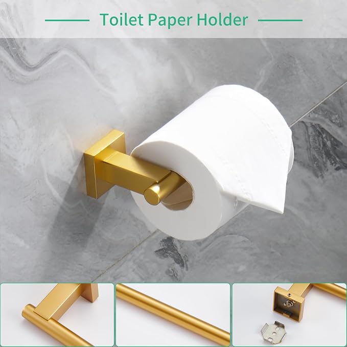 Miyili 4-Pieces Gold Bathroom Accessories Set Bath Hardware Kit - Includes Double Towel Bar, Hand Towel Rack, Toilet Paper Holder, Robe Hook, BS02G4A
